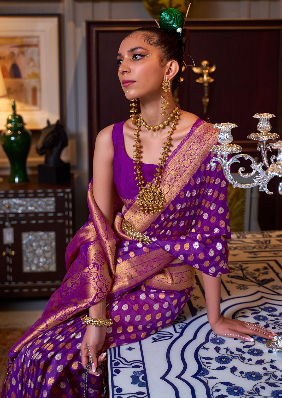 PURPLE COPPER ZARI WOVEN PURE KHADDI GEORGETTE BANARASI SAREE