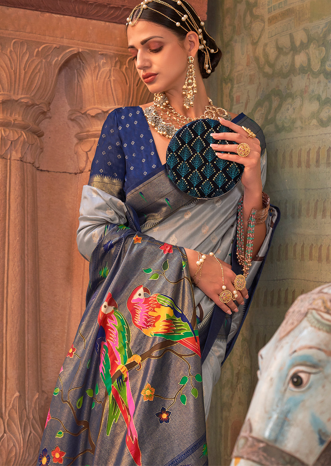 Grey & Blue Woven Paithani Silk Saree