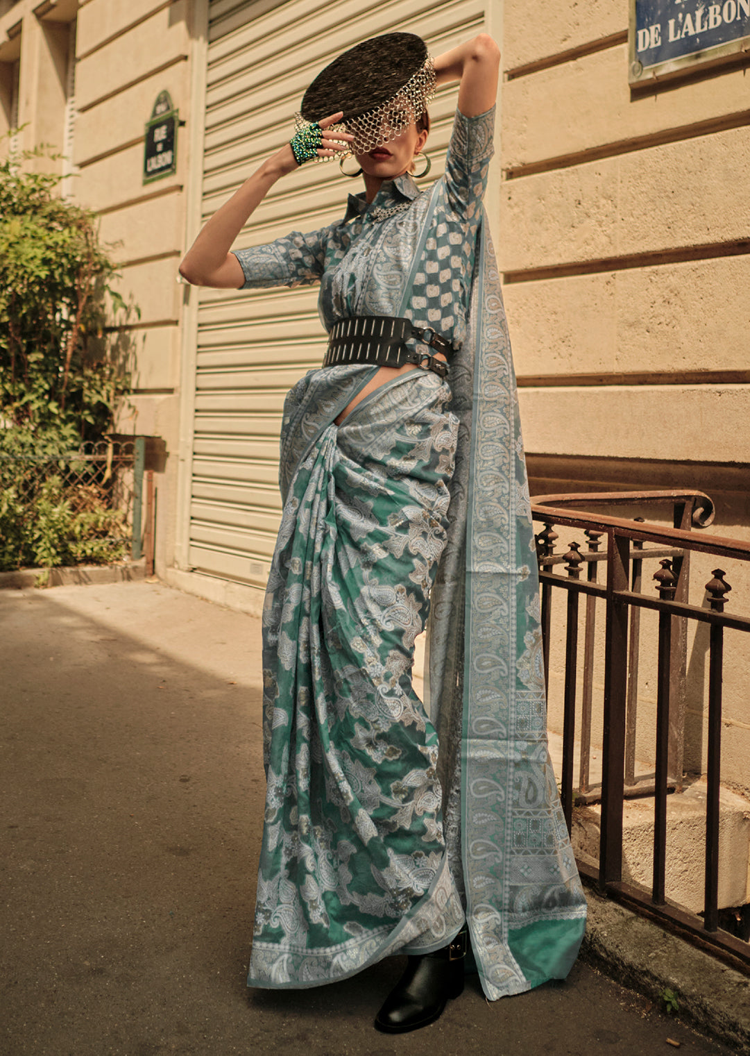 Pine Green Woven Handloom Chikankari Lucknowi Organza Silk Saree