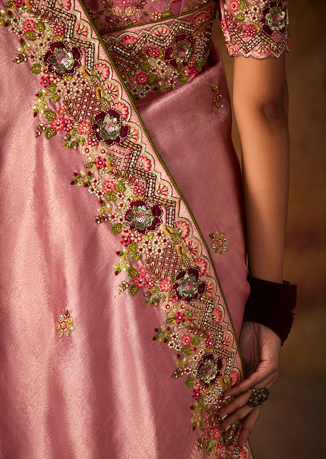 Crepe Pink Zari Woven Heavy Embroidered Designer Kanjivaram Silk Saree