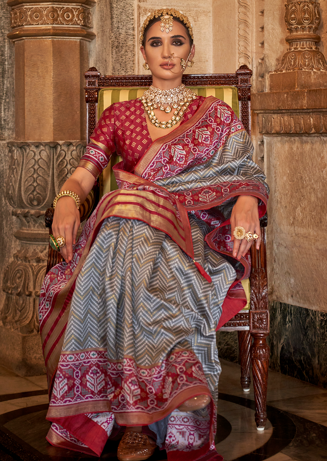 Grey Woven Royal Traditional Patola Silk Saree