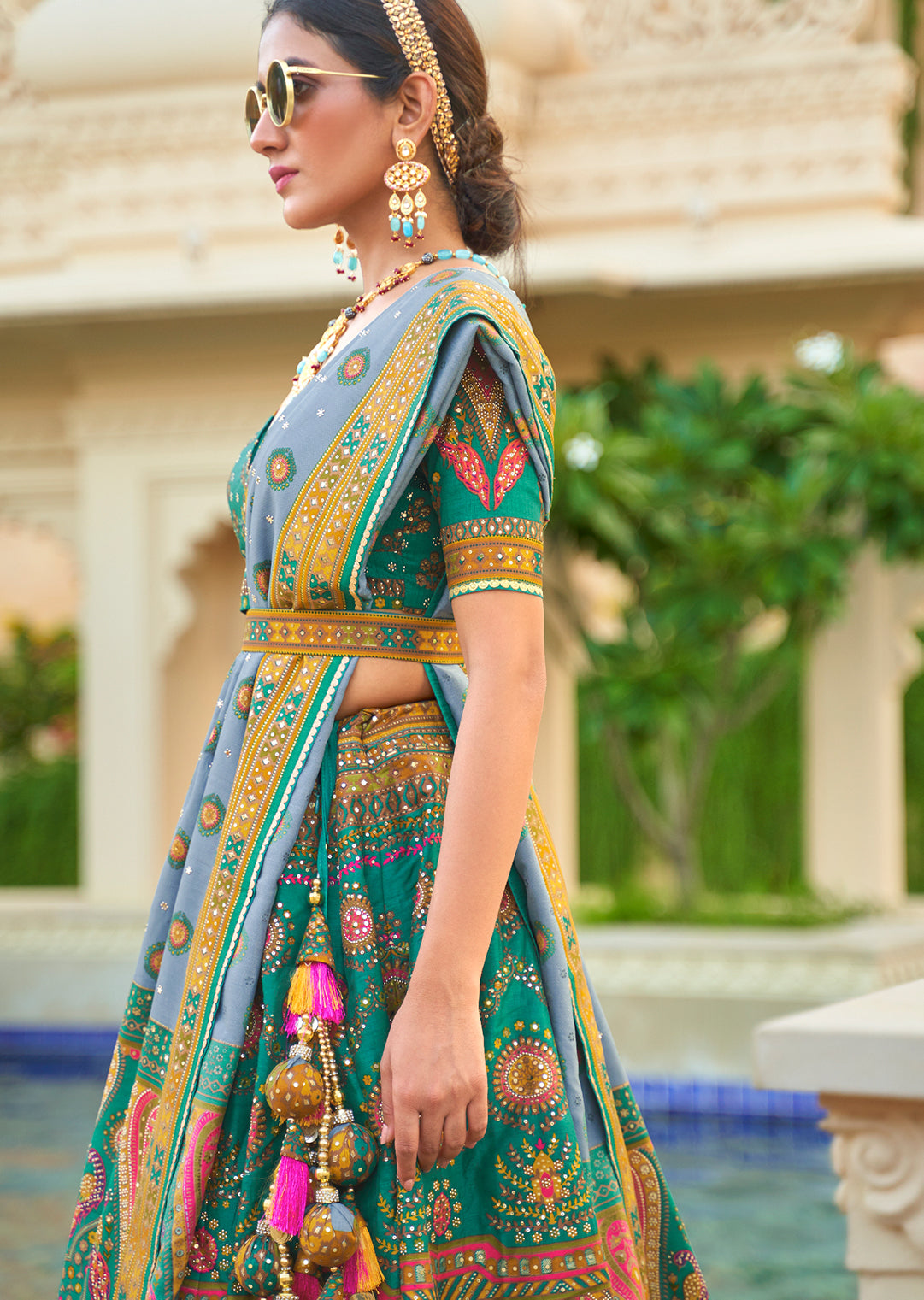 Turquoise Green Woven Traditional Rajwadi Patola Silk Lehenga