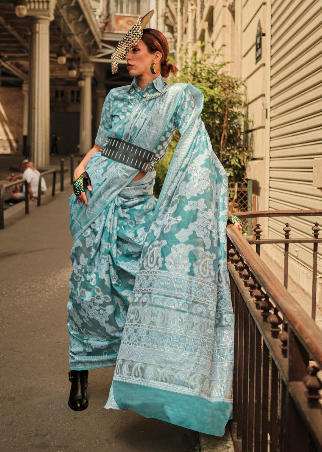 Turquoise Blue Woven Handloom Chikankari Lucknowi Organza Silk Saree