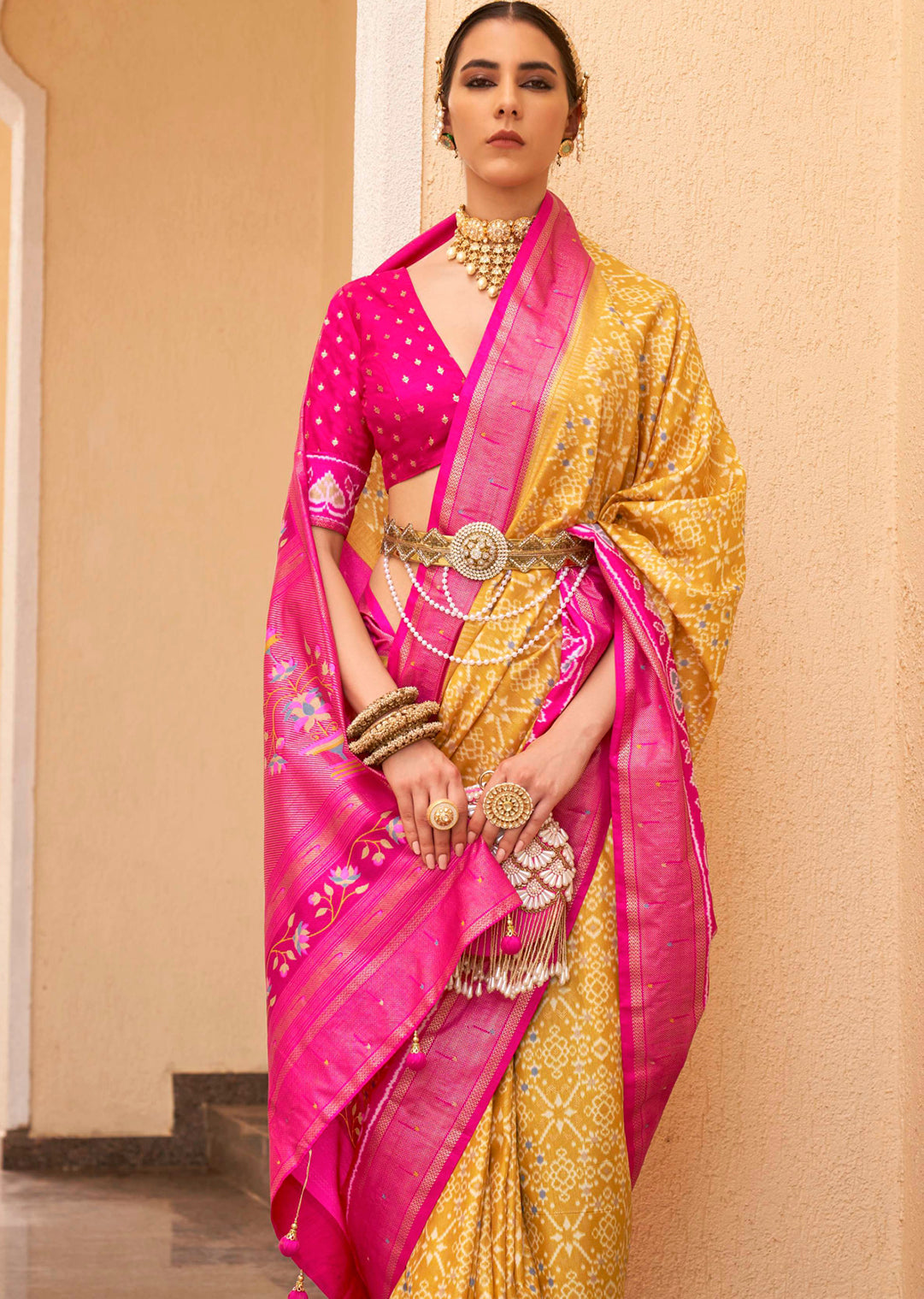 Mustard Yellow Woven Traditional Patola Silk Saree