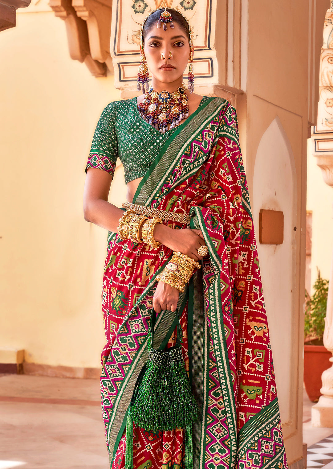 Red & Green Woven Patola Silk Saree