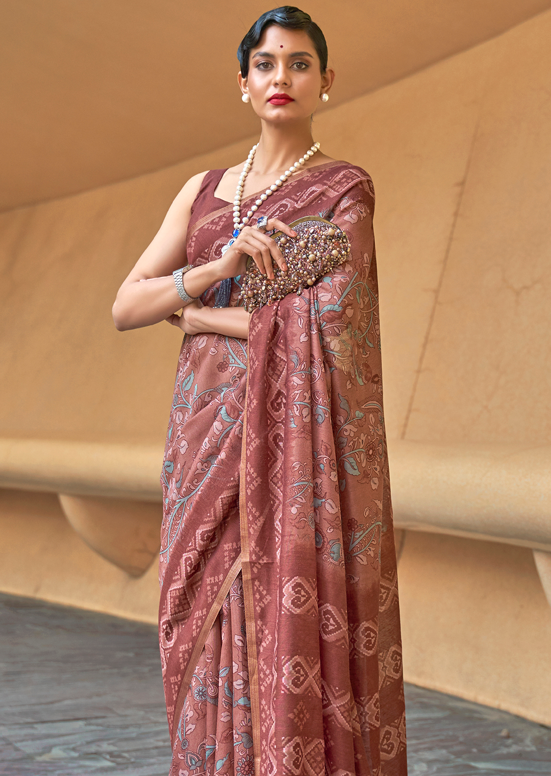 Brick Brown Woven handloom Chanderi Cotton Saree