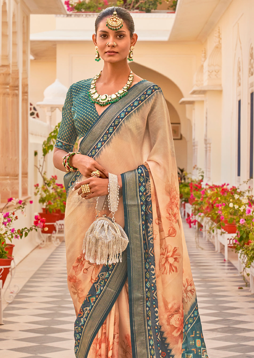 Peach & Teal Green Woven Chiffon Patola Saree