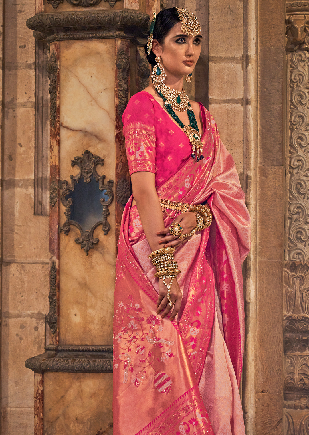 Pastel Pink Zari Woven Kanjivaram Paithani Silk Saree