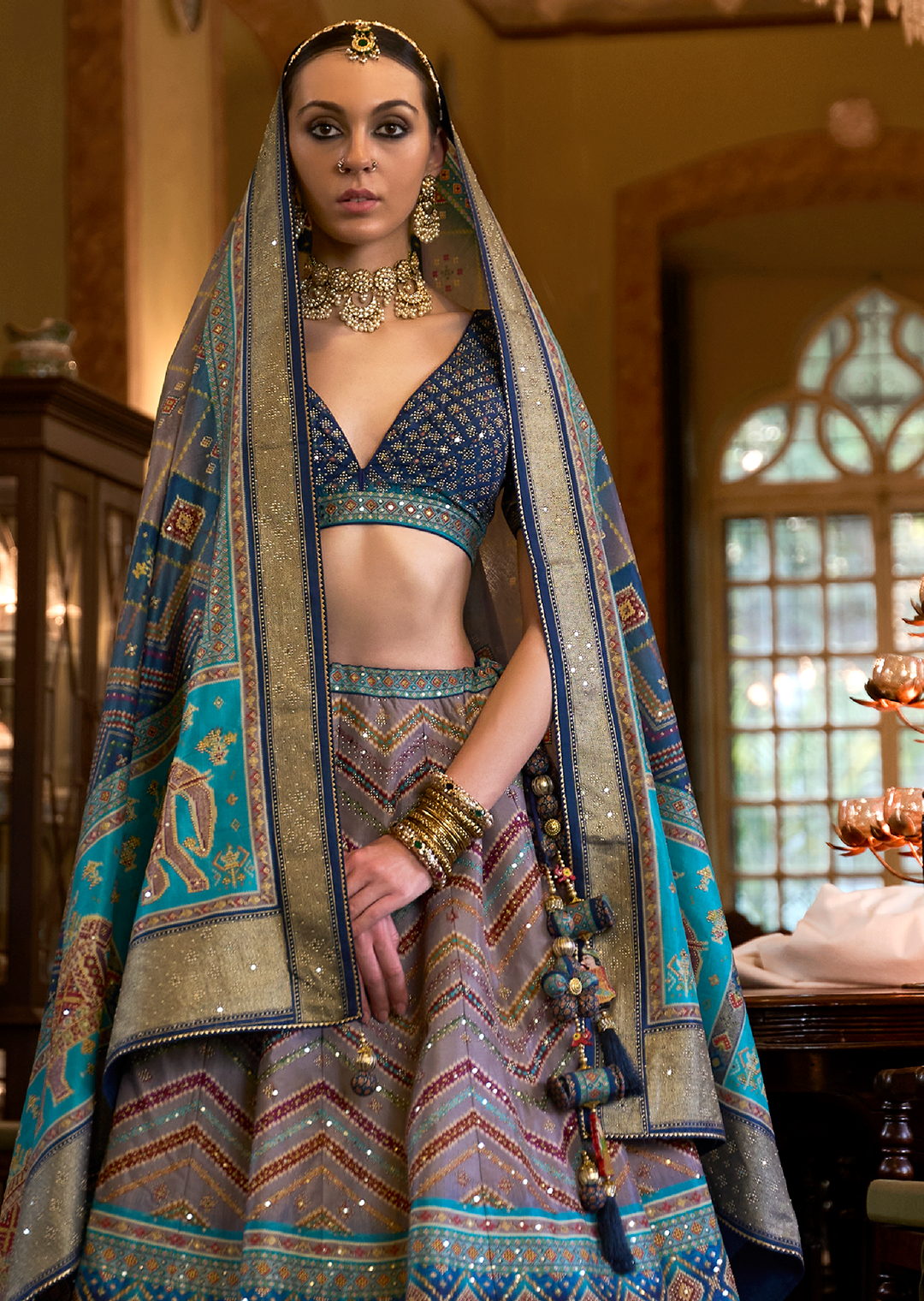 Deep Sky Blue Woven Traditional Rajwadi Patola Silk Lehenga