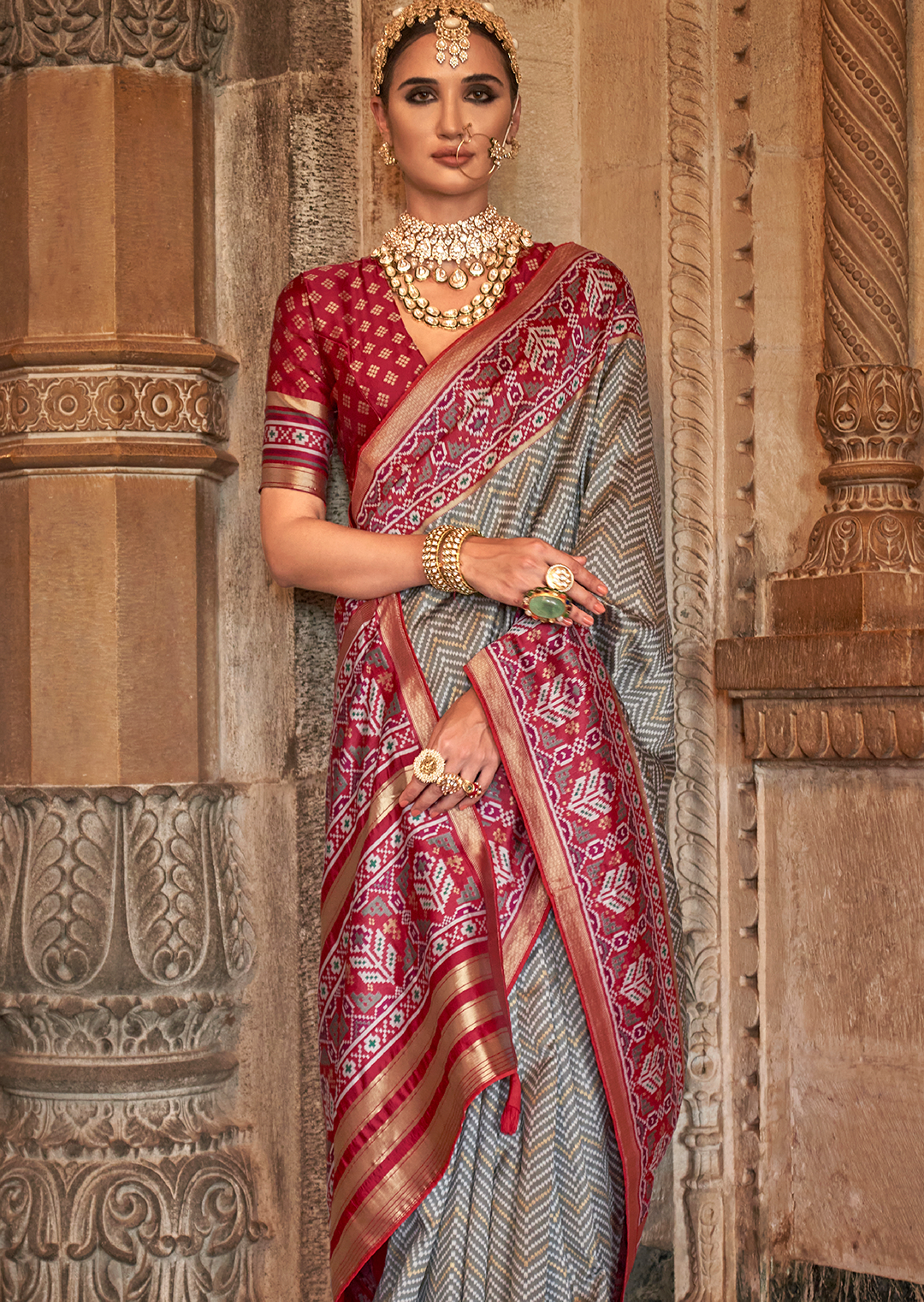 Grey Woven Royal Traditional Patola Silk Saree