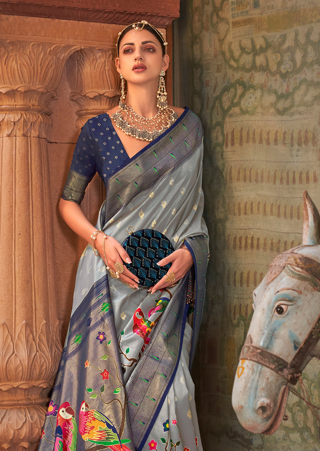 Grey & Blue Woven Paithani Silk Saree