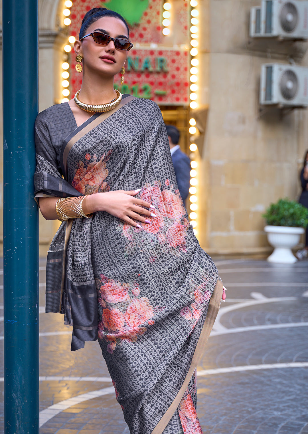 Grey Woven Digital Printed Crepe Silk Saree