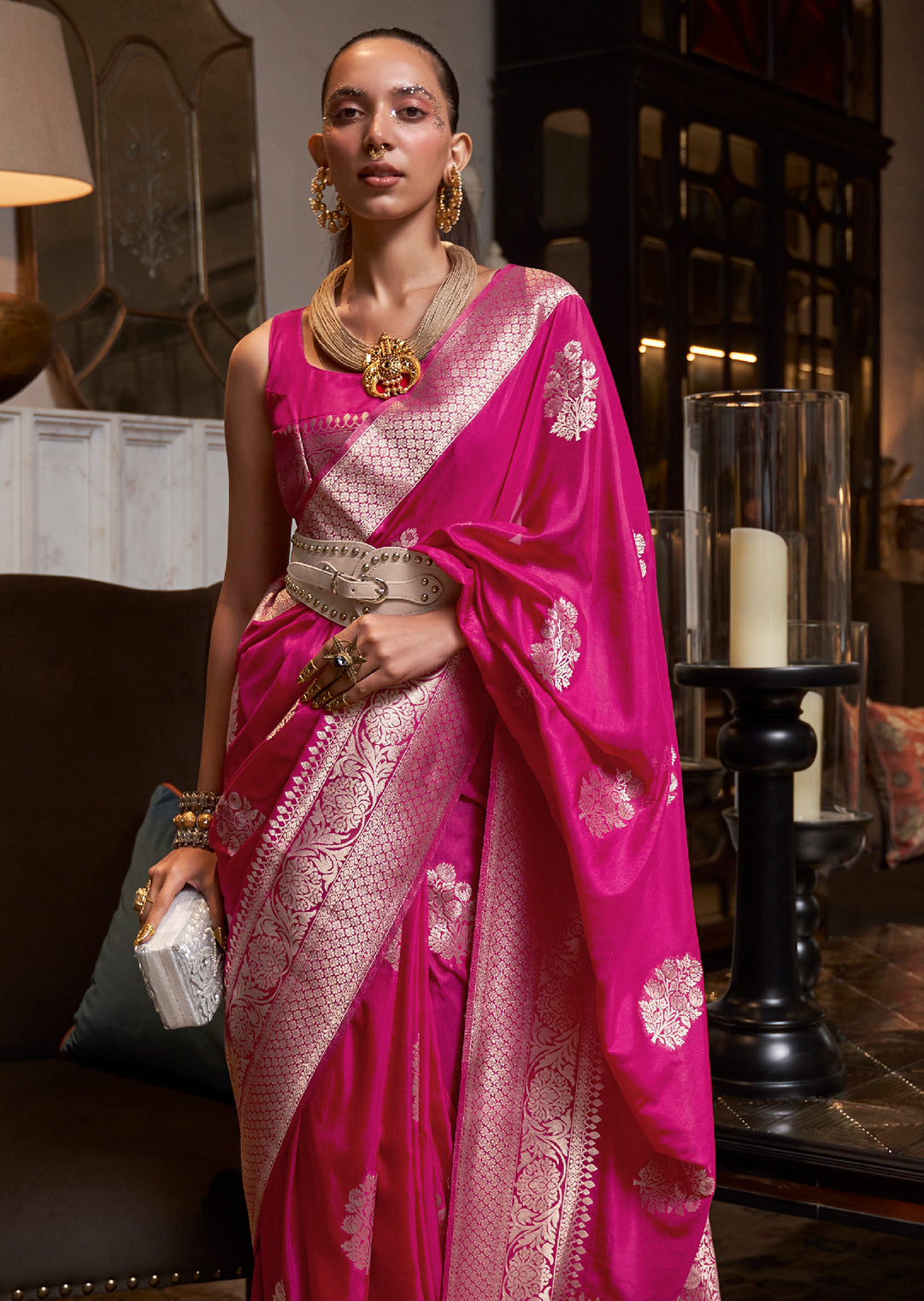 Ruby Pink Zari Woven Pure Khaddi Banarasi Georgette Saree