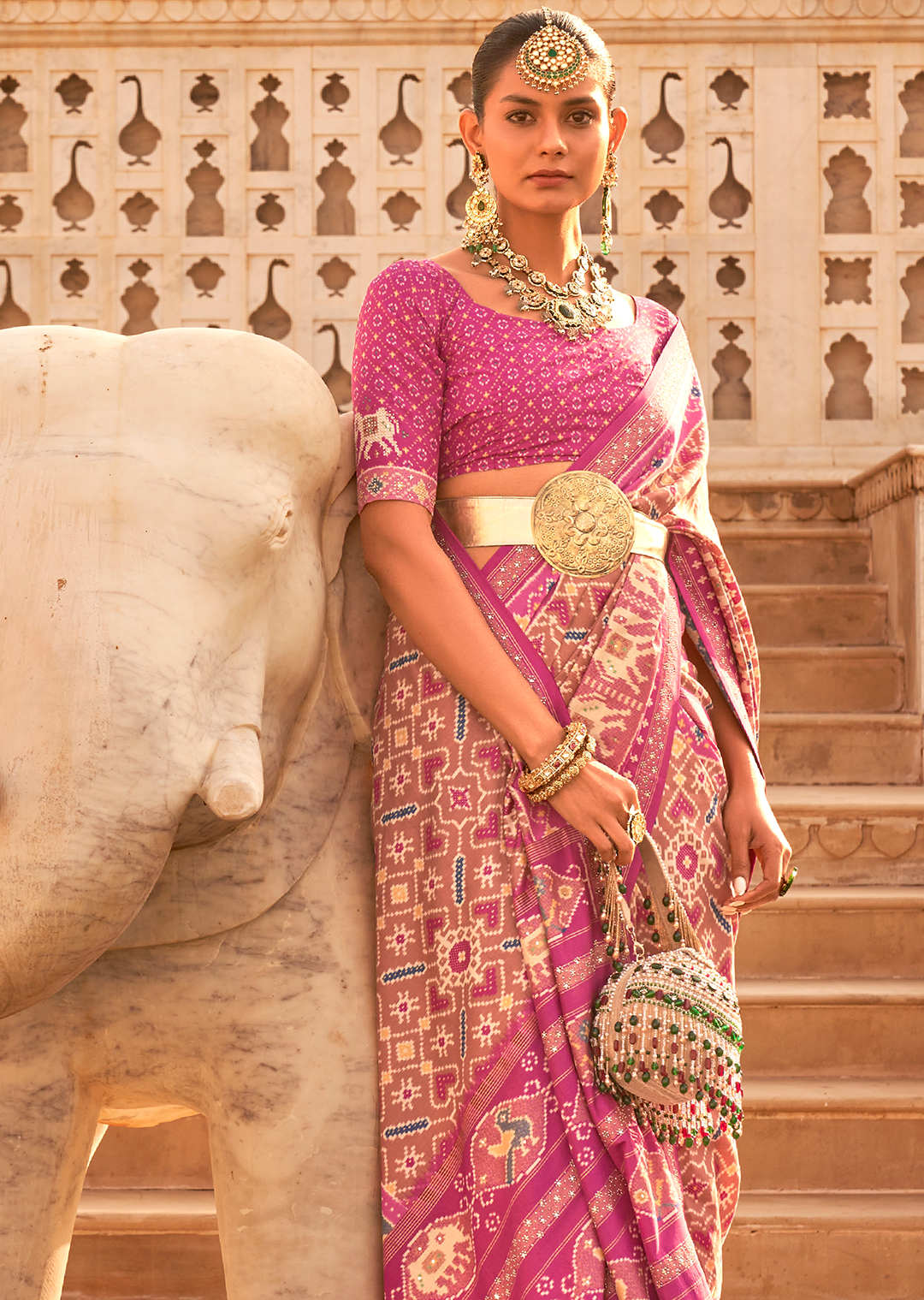 Crepe Pink Woven Royal Traditional Patola Silk Saree