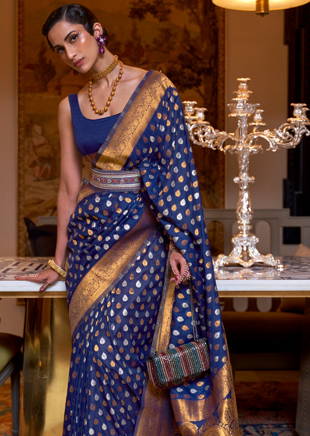 ADMIRE BLUE COPPER ZARI WOVEN PURE KHADDI GEORGETTE BANARASI SAREE