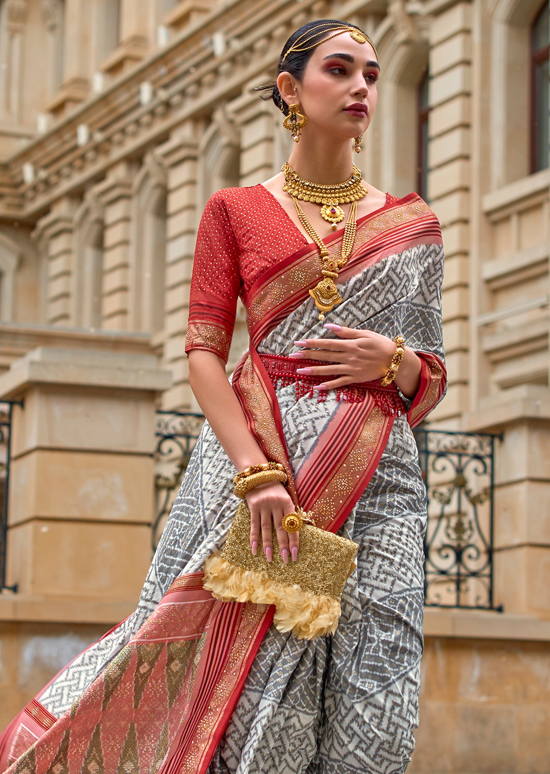 White & Red Woven Royal Traditional Patola Silk Saree