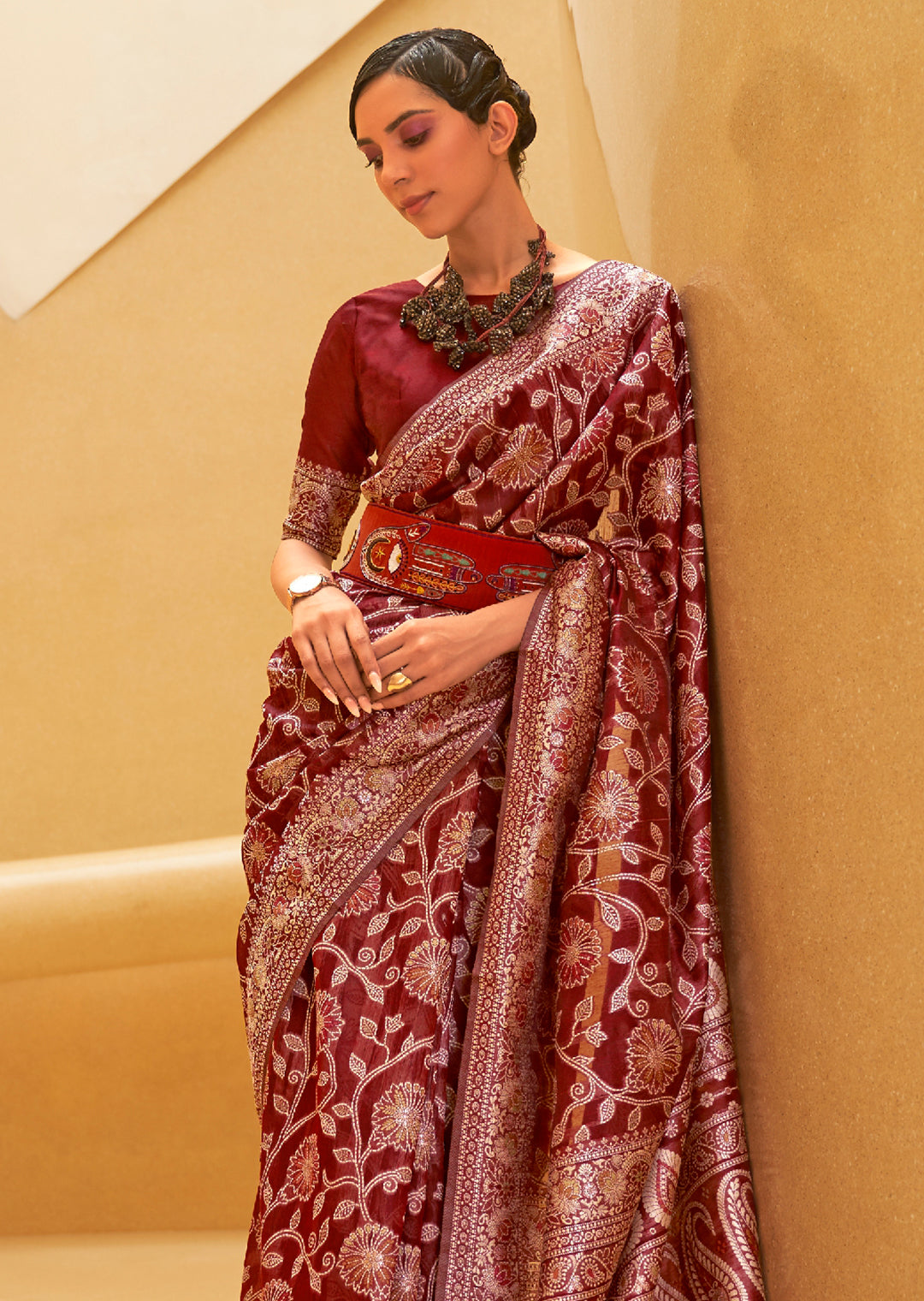 MAROON RED WOVEN CHIKANKARI LUCKNOWI COTTON SAREE