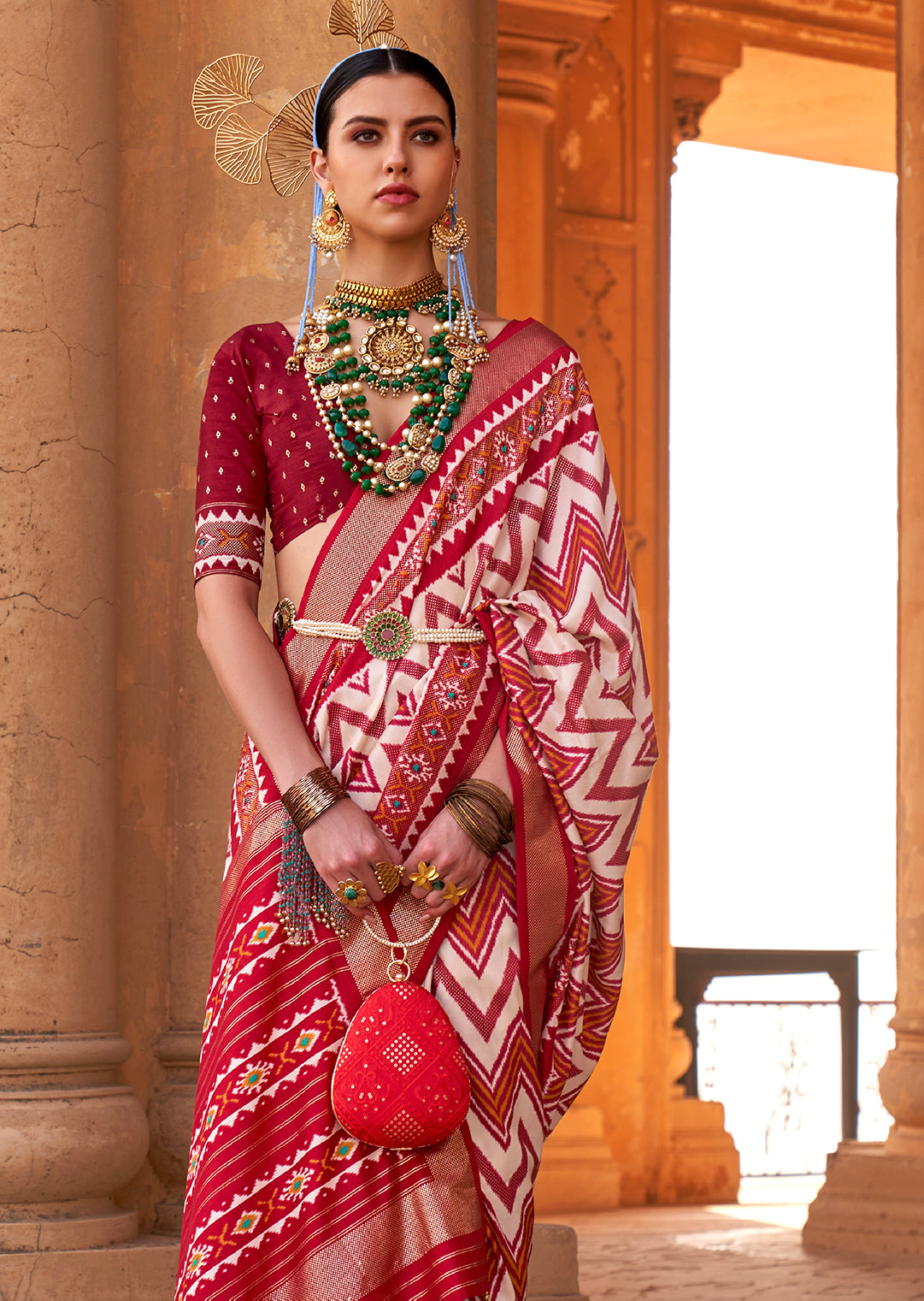 White & Red Woven Patola Silk Saree