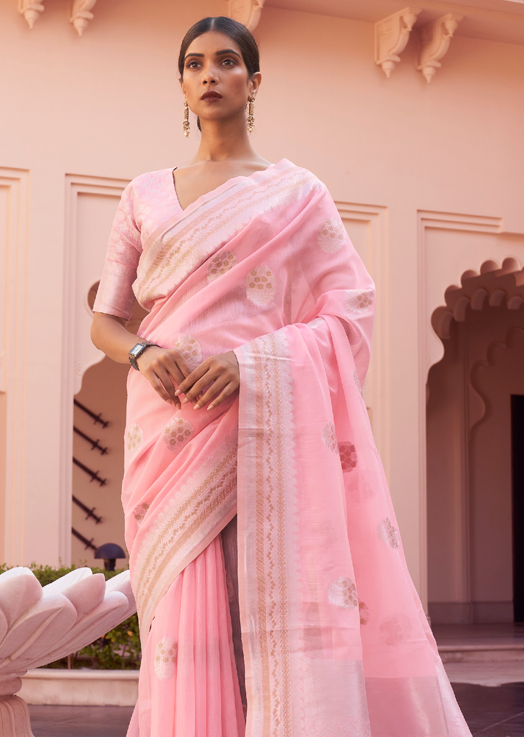 POWDER PINK WOVEN PURE HANDLOOM LINEN SAREE