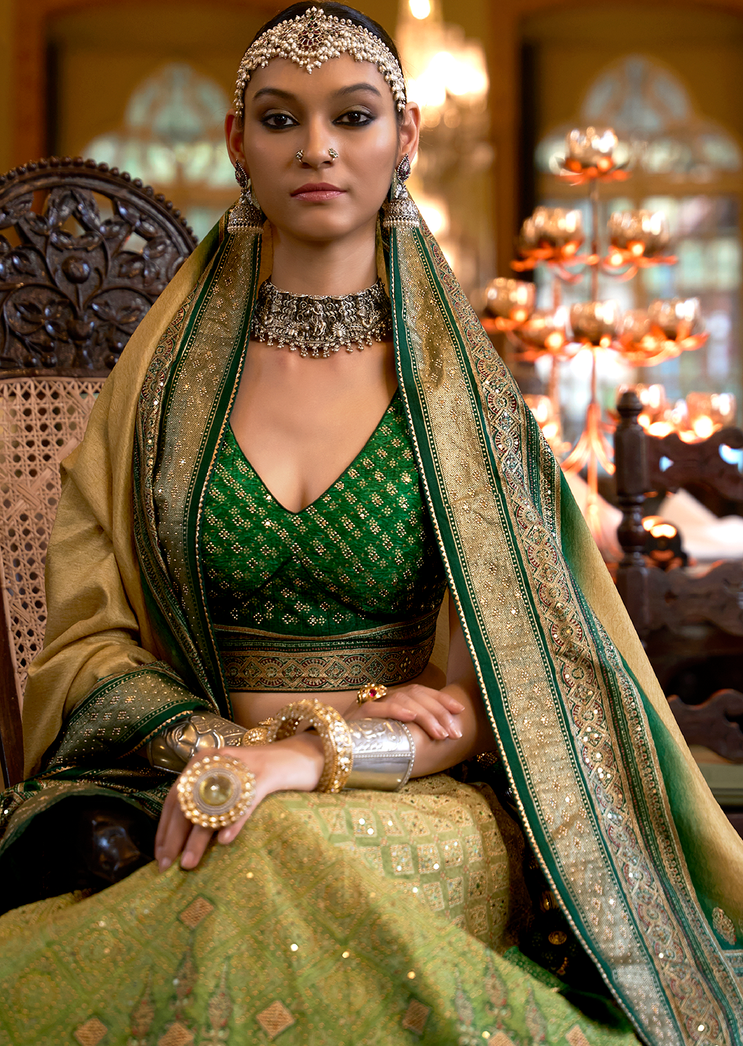 Jade Green Woven Traditional Rajwadi Patola Silk Lehenga