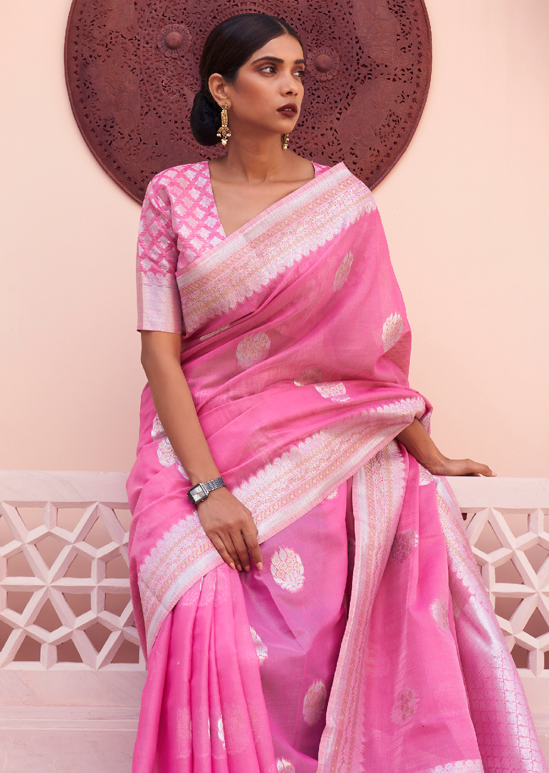 PINK WOVEN PURE HANDLOOM LINEN SAREE