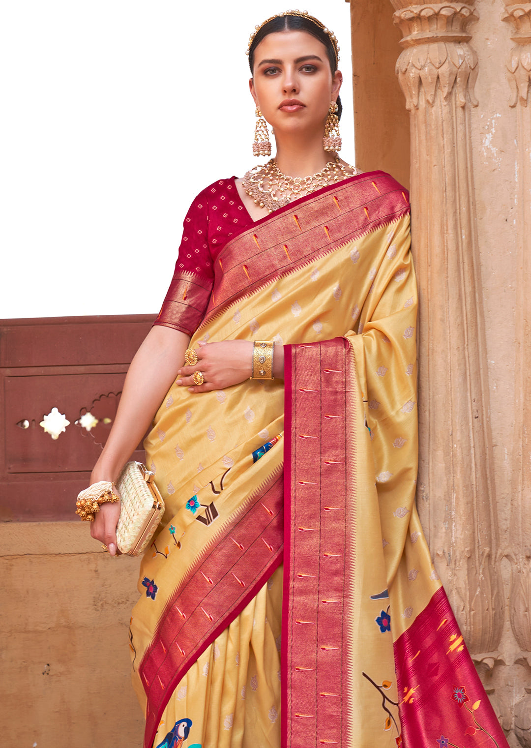 Lemon Yellow & Red Woven Paithani Silk Saree