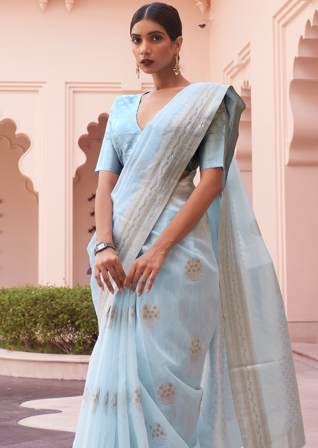 SKY BLUE  WOVEN PURE HANDLOOM LINEN SAREE