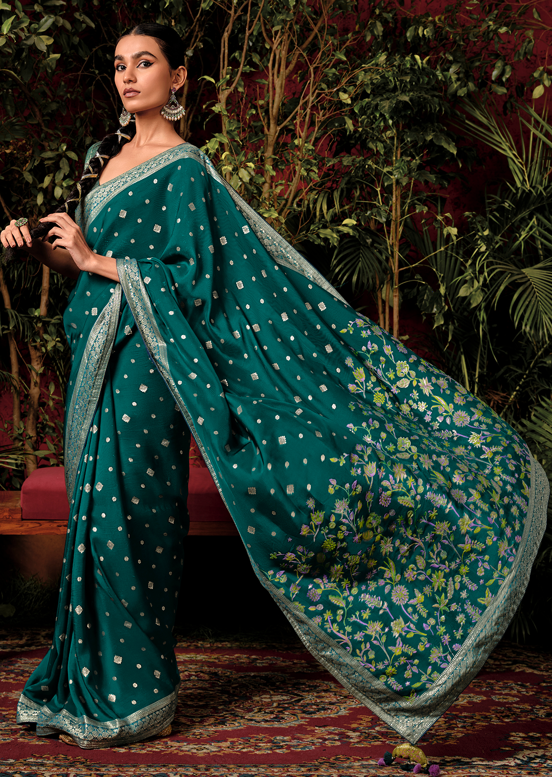 Pine Green Woven Pure Viscose Dola Silk Banarasi Saree