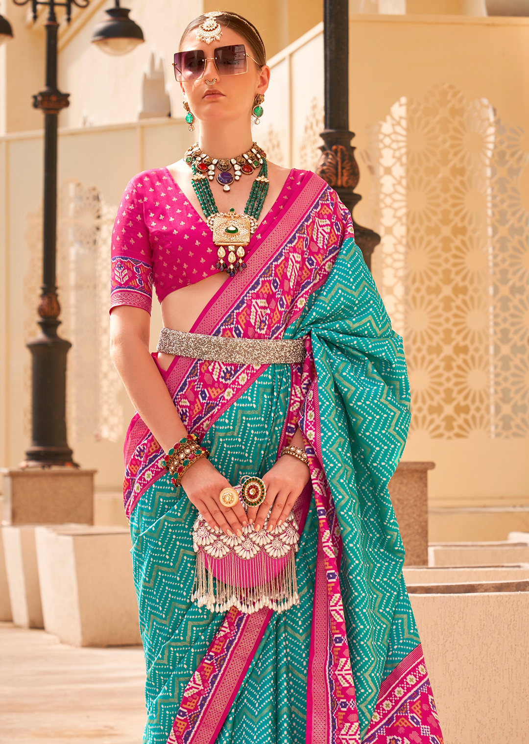 Turquoise Green Woven Patola Silk Saree