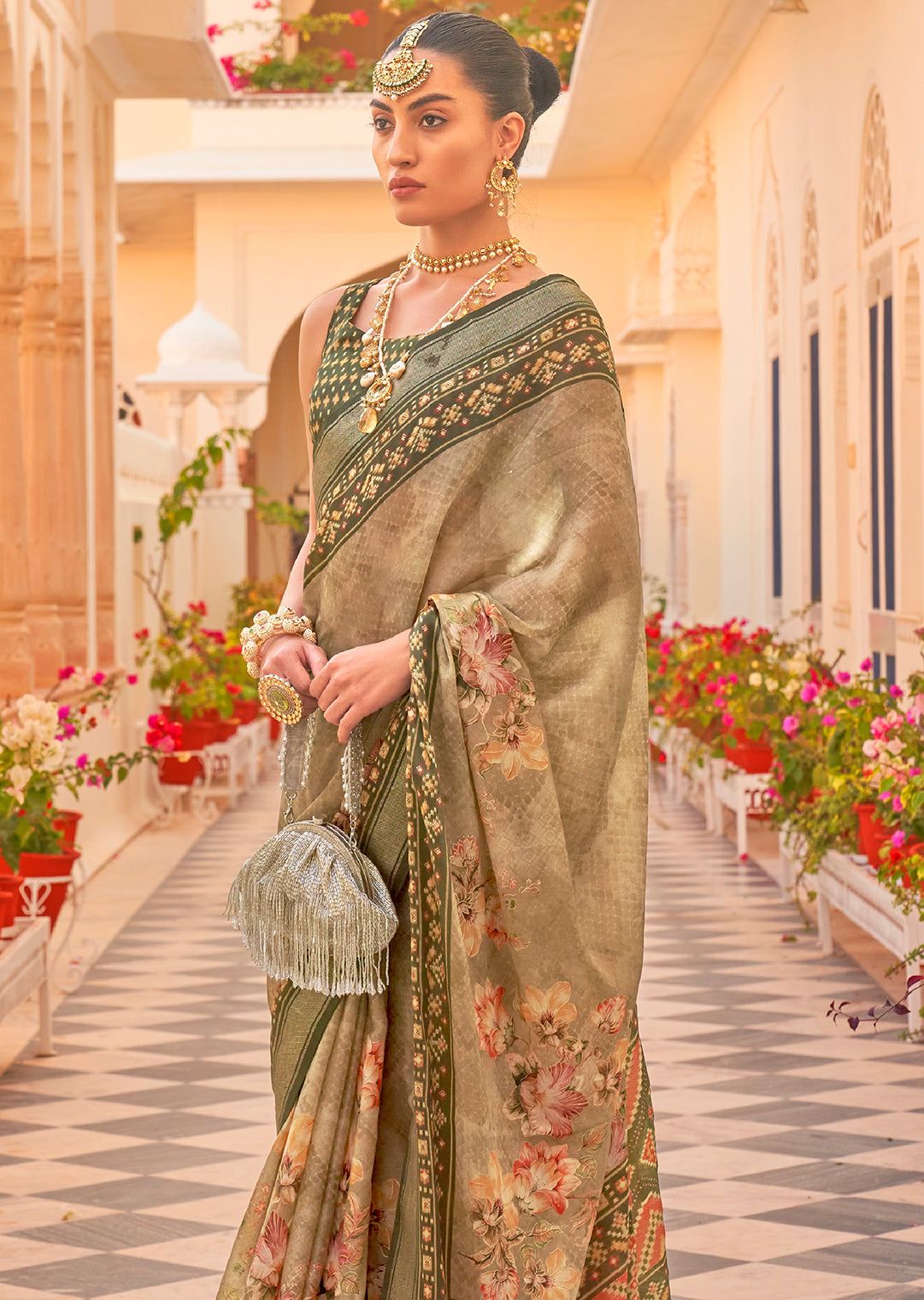 Sage Green Woven Chiffon Patola Saree