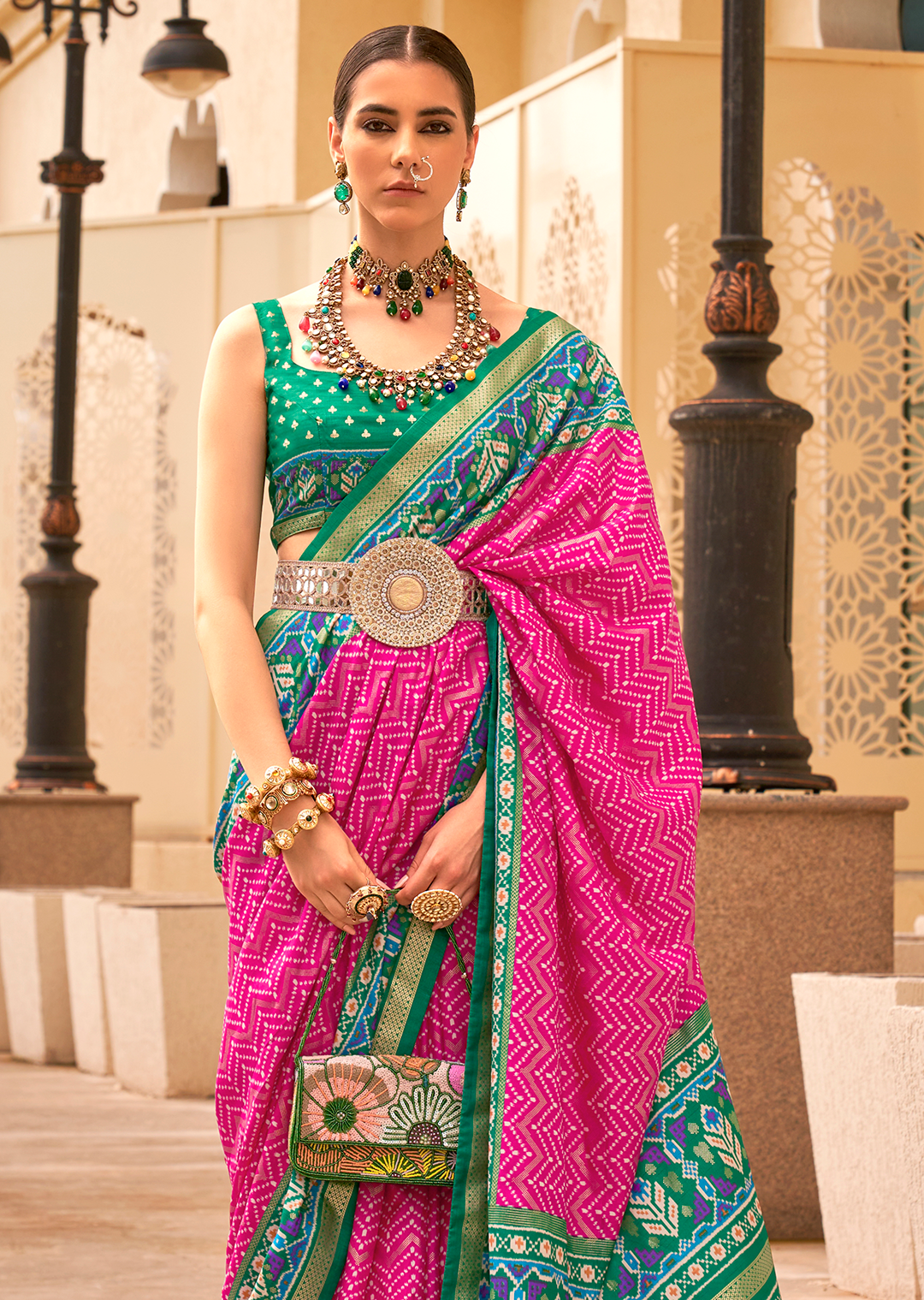 Deep Pink & Green Woven Patola Silk Saree