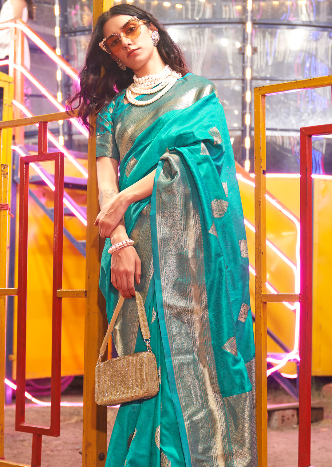 Turquoise Green Woven Handloom Kanjivaram Banarasi Silk Saree