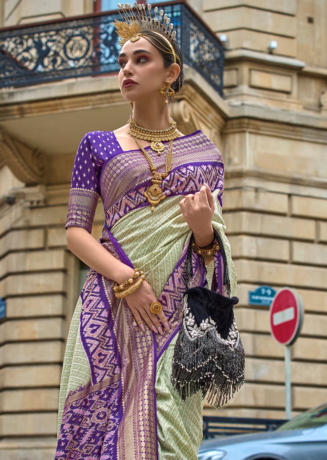 Tea Green & Purple Woven Royal Traditional Patola Silk Saree