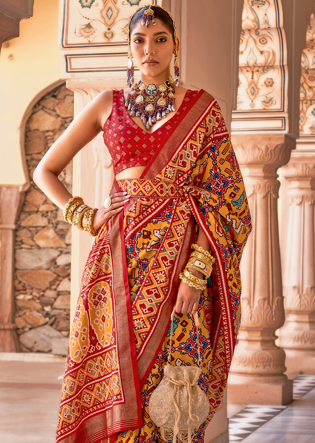 Mustard Yellow & Red Woven Patola Silk Saree