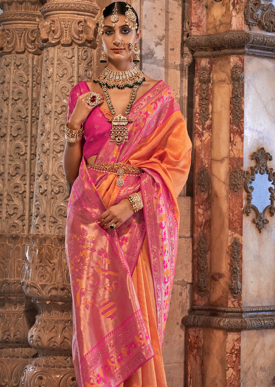 Mango Orange Zari Woven Kanjivaram Paithani Silk Saree