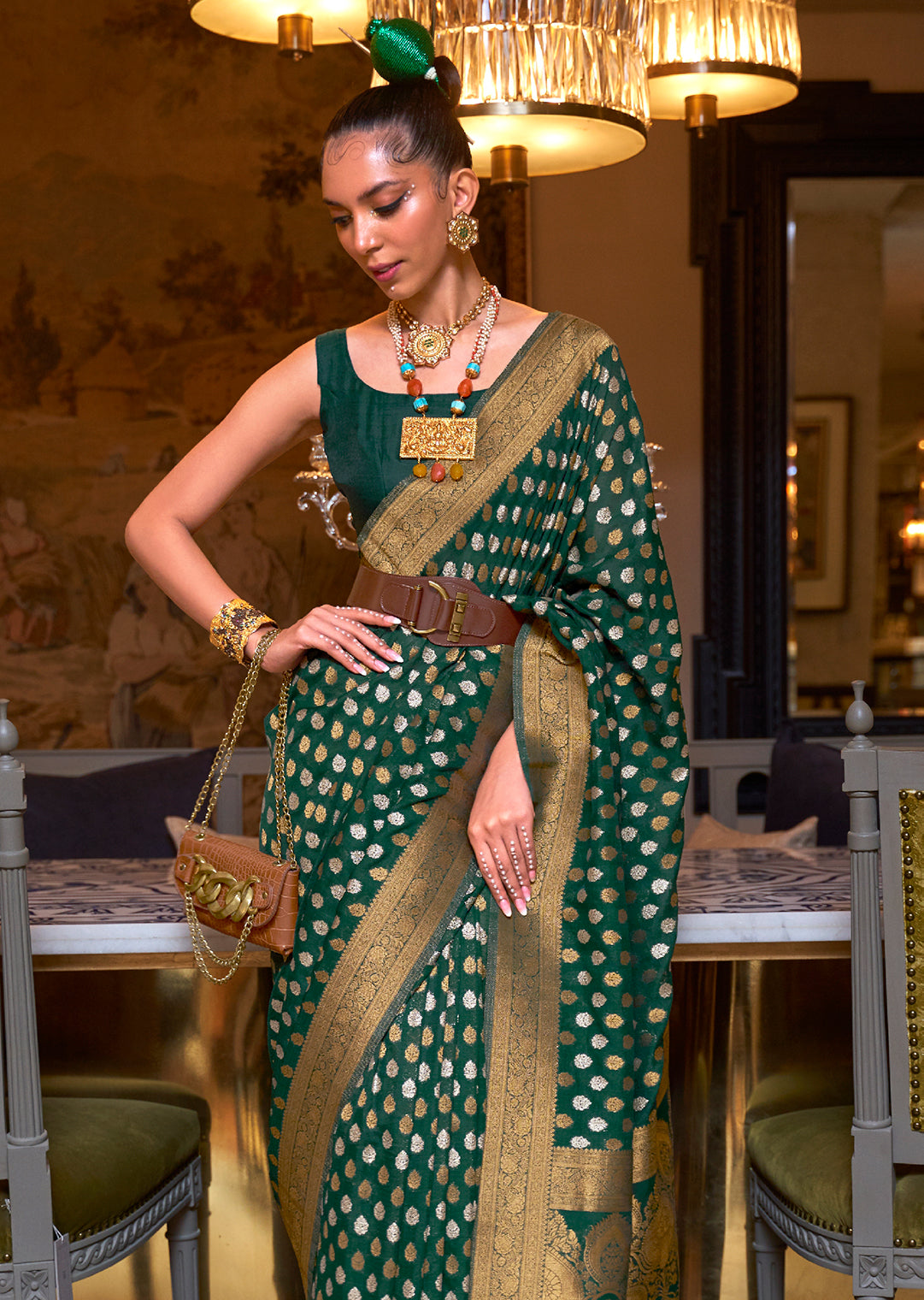 BOTTLE GREEN COPPER ZARI WOVEN PURE KHADDI GEORGETTE BANARASI SAREE