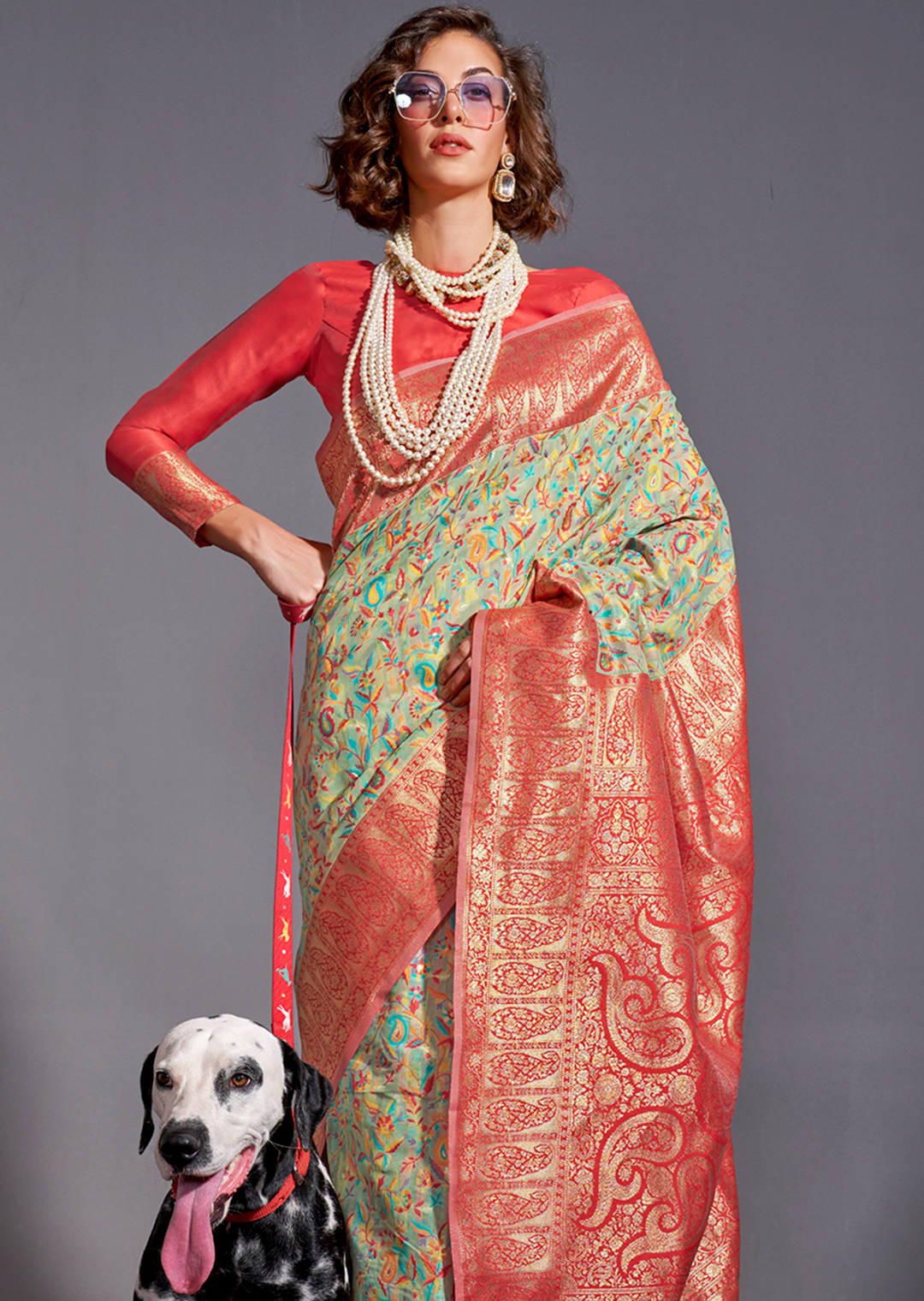 Pistachio Resham Woven Kashmiri Jamewar Silk Saree