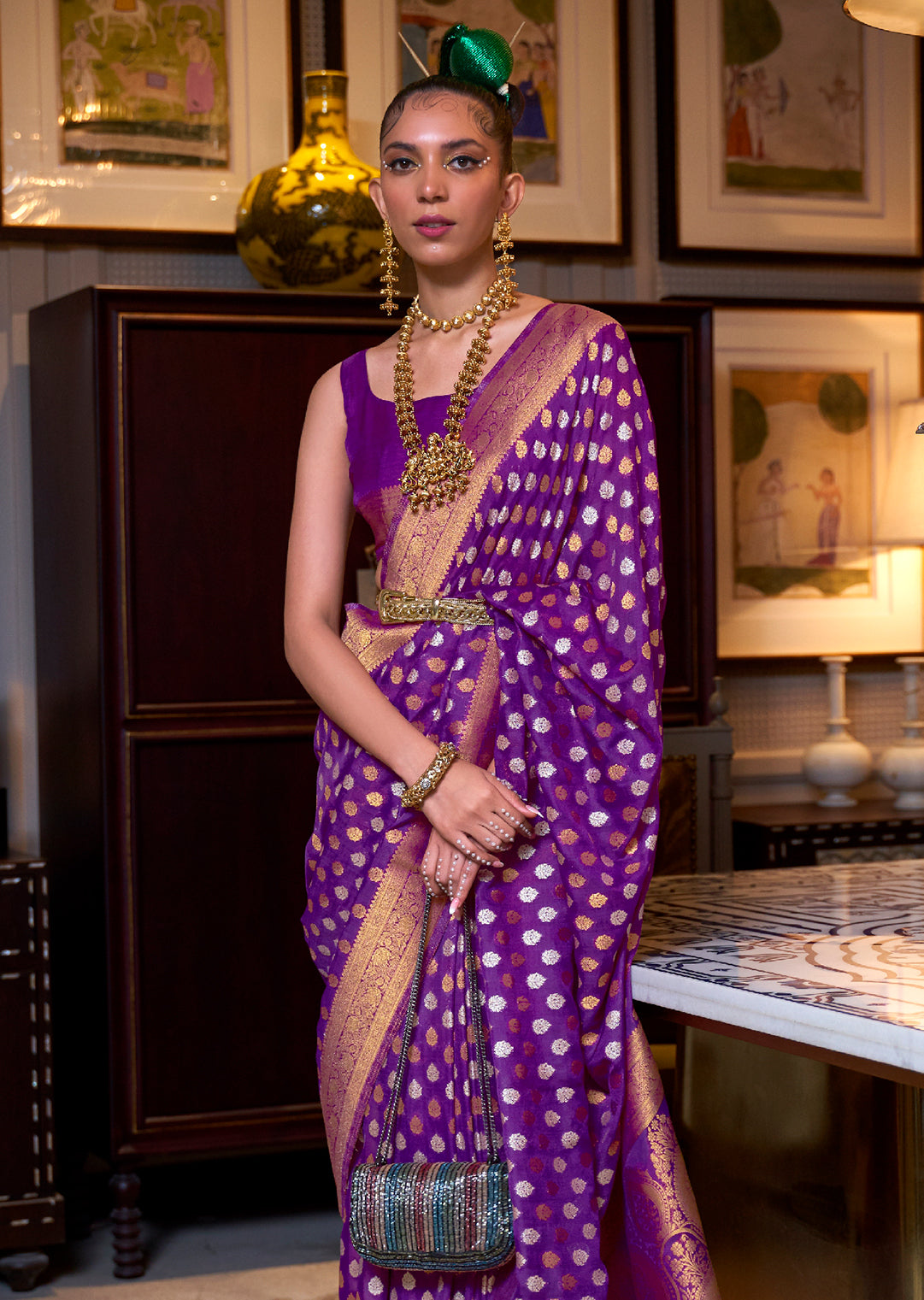 PURPLE COPPER ZARI WOVEN PURE KHADDI GEORGETTE BANARASI SAREE