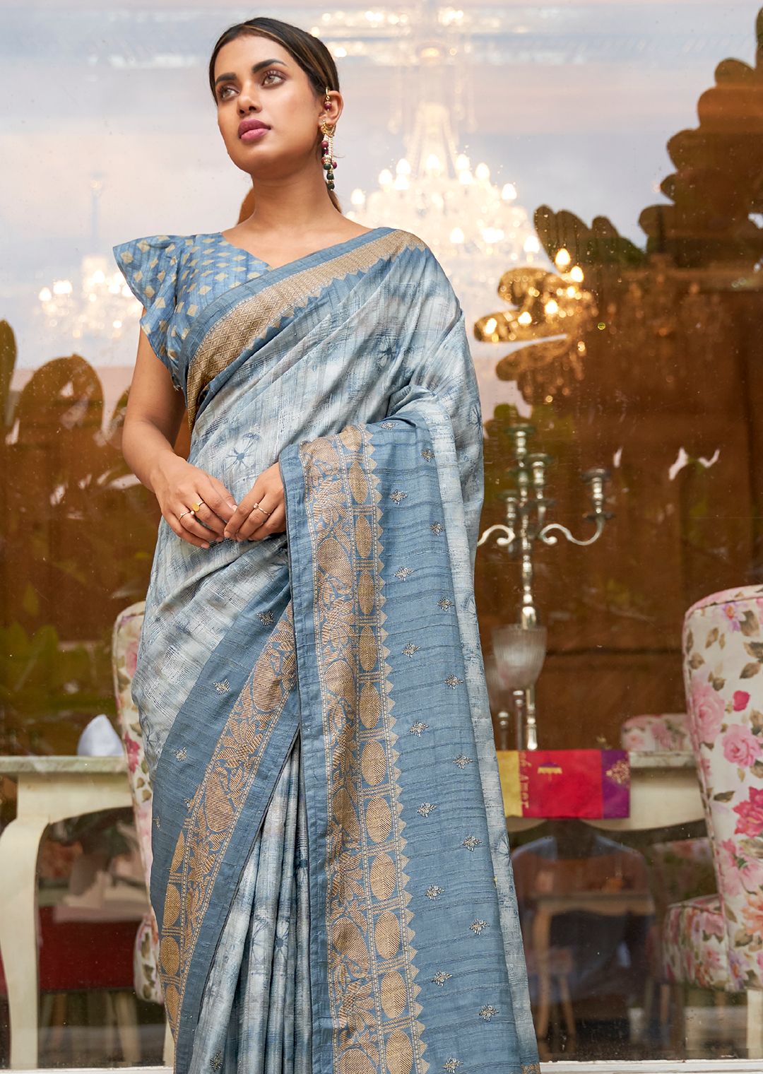 Powder Blue Woven Pure Handloom Khaddi Jute Silk Saree