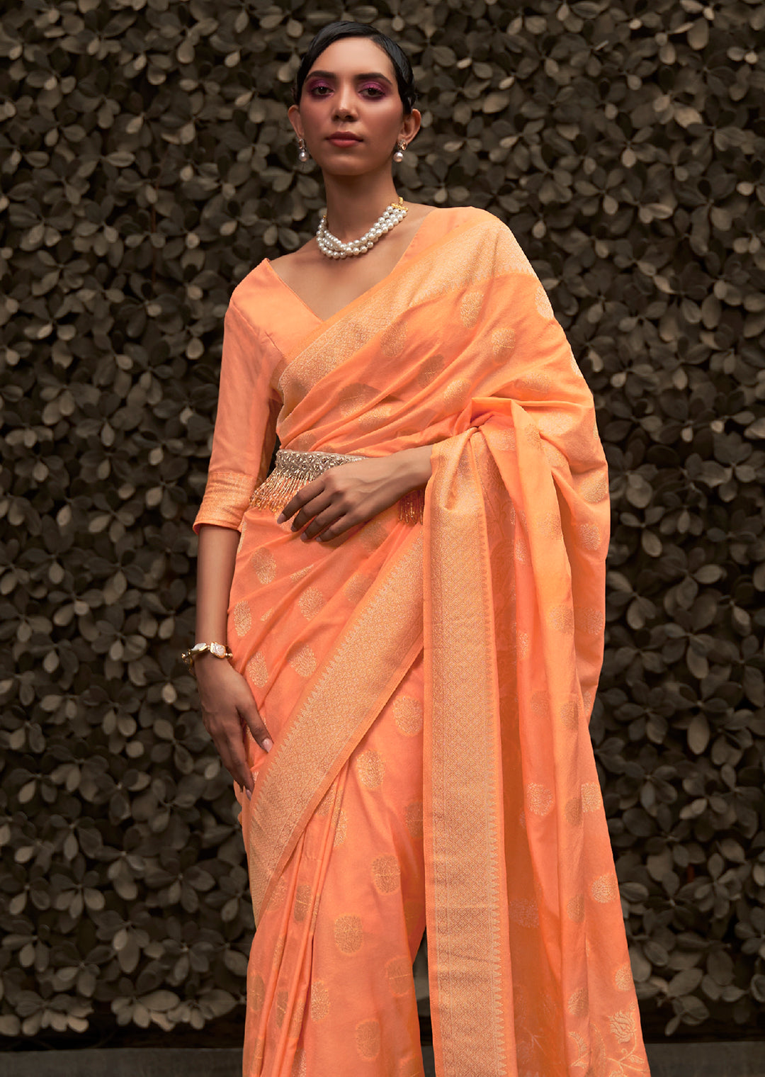 Coral Orange Woven Two Tone Chinon Chiffon Silk Saree