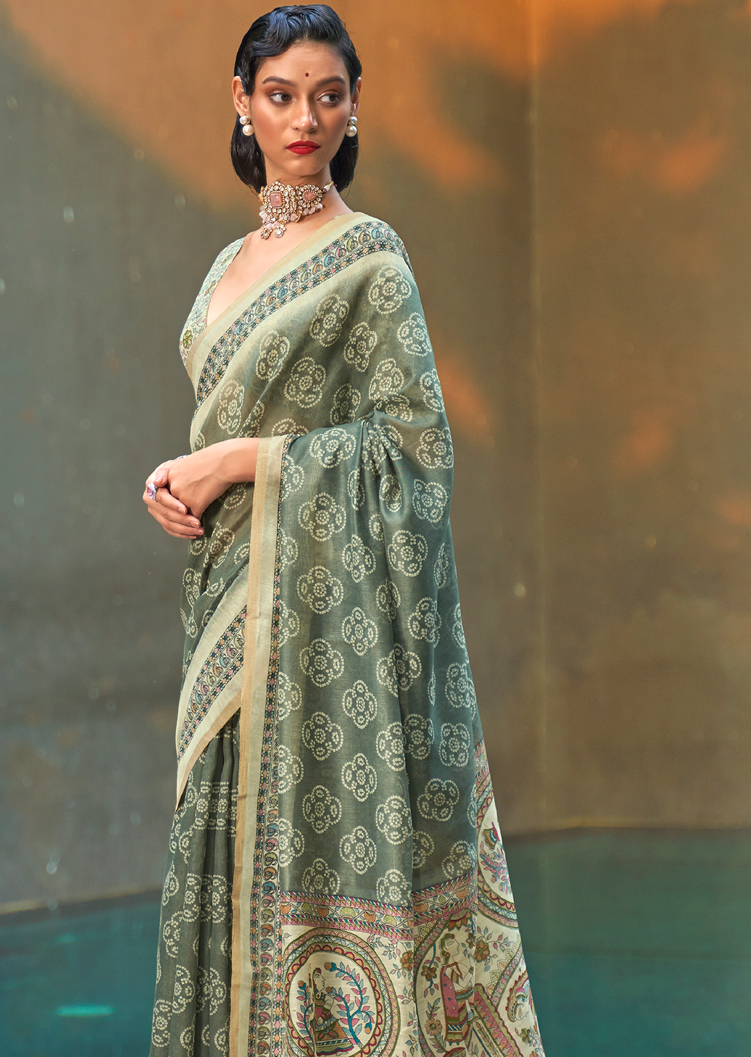 Moss Green Woven handloom Chanderi Cotton Saree