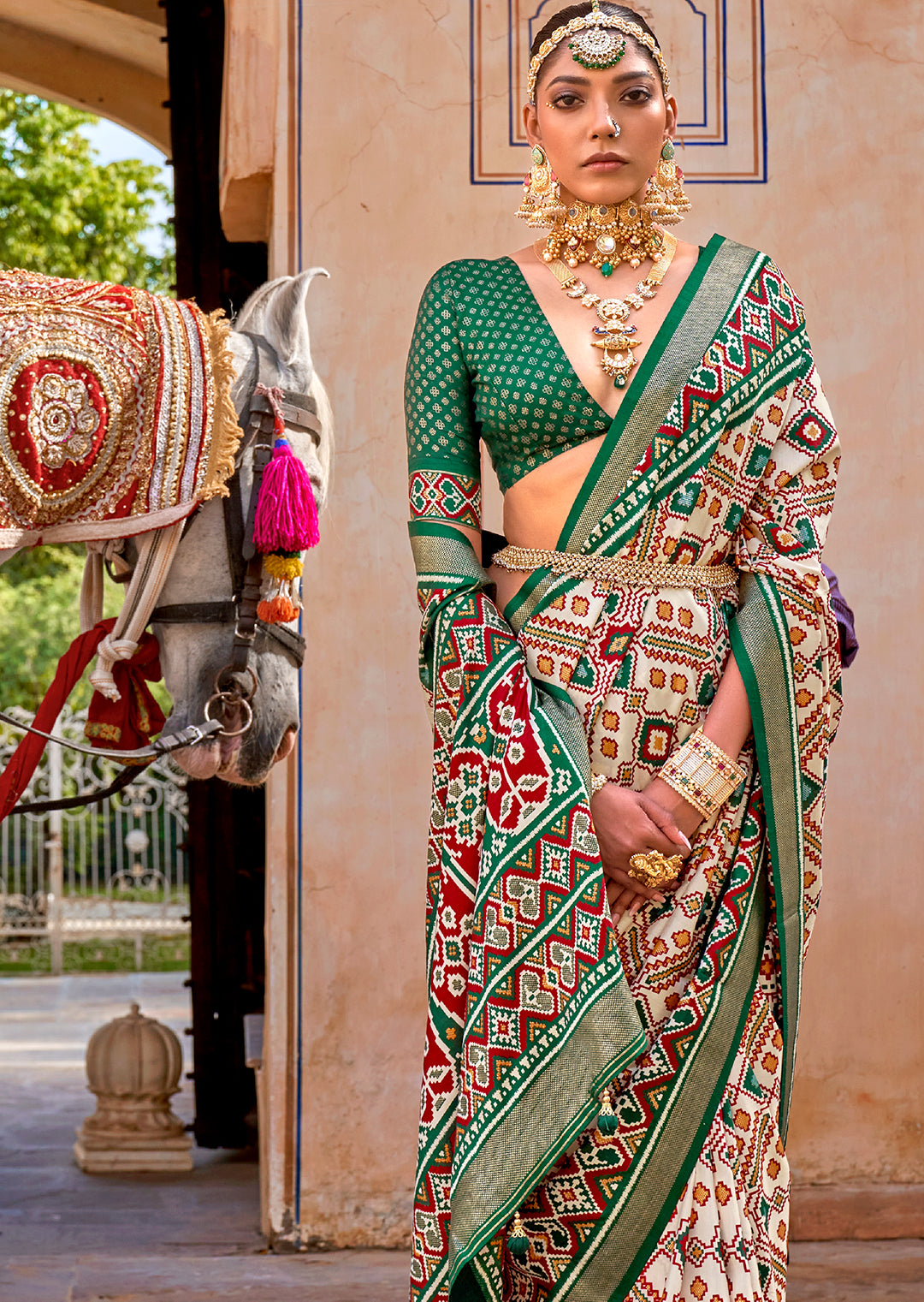 Jade Green & White Woven Patola Silk Saree