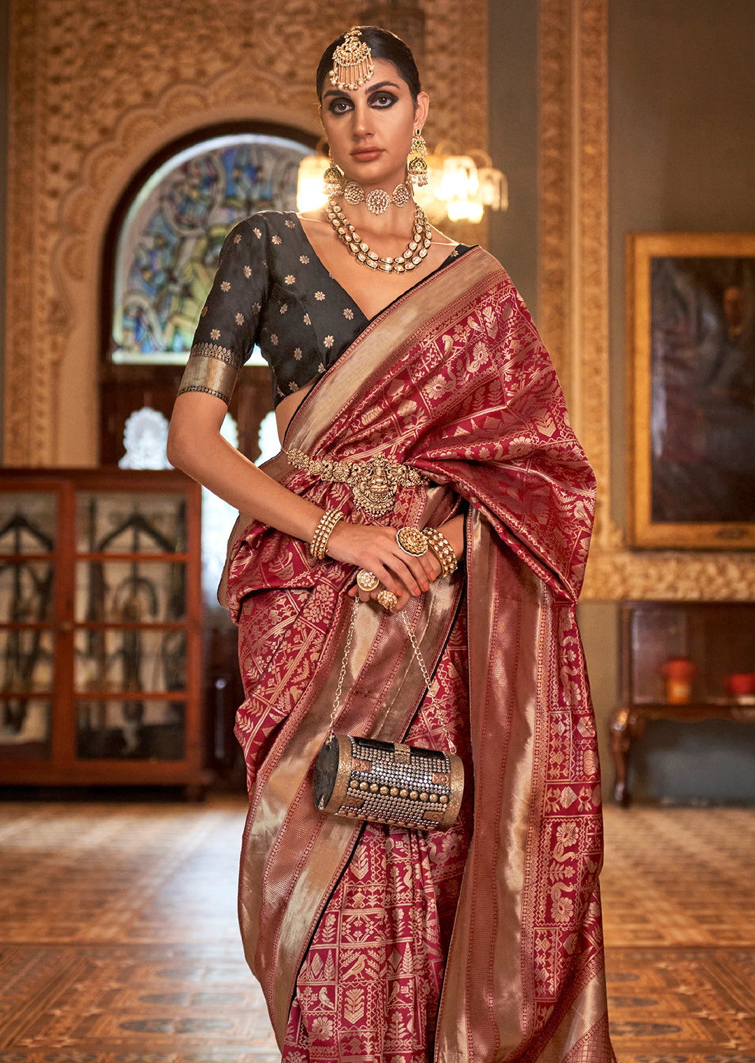 Burgundy Red Woven Royal Patola Silk Saree