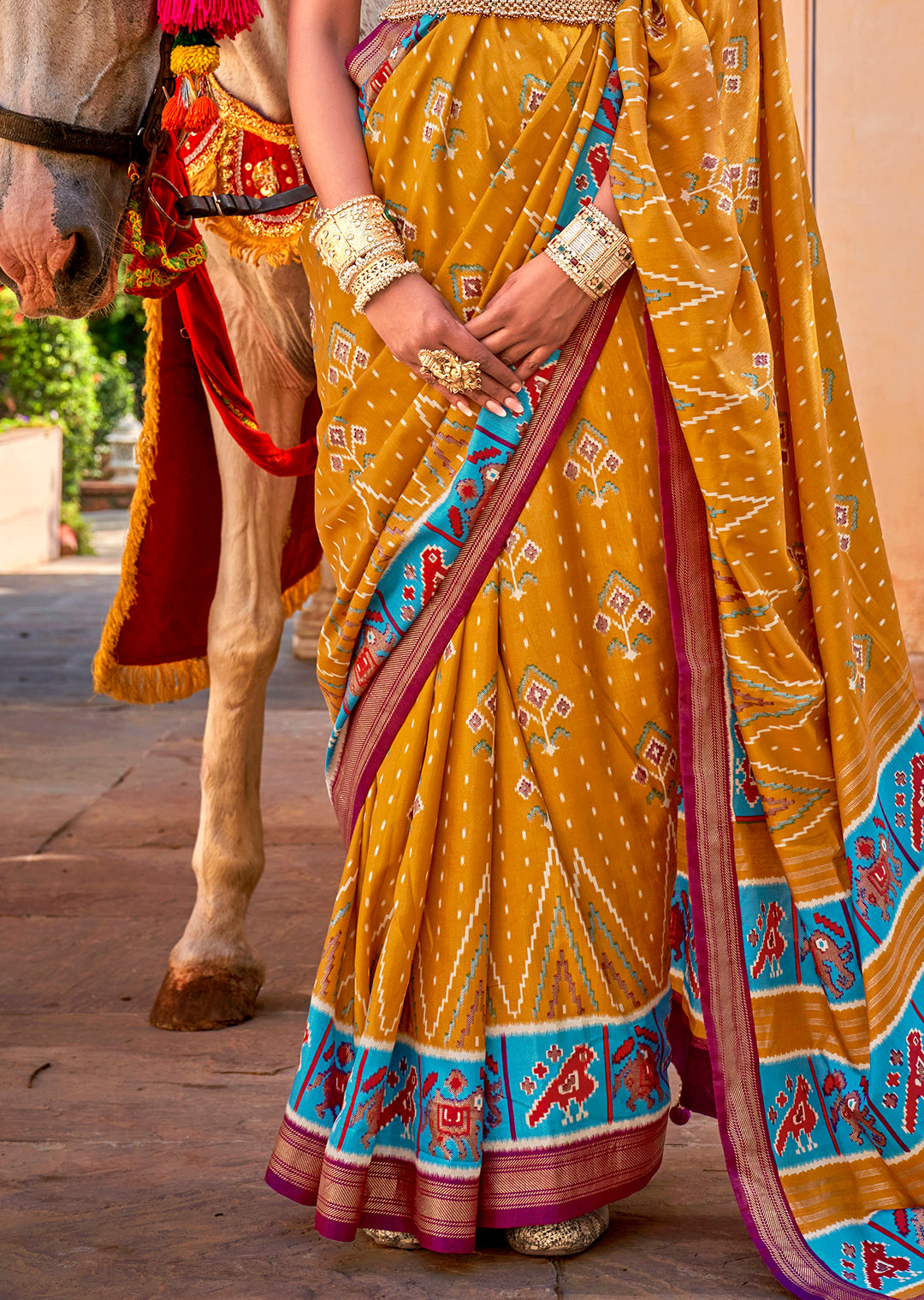 Mustard Yellow & Purple Woven Patola Silk Saree