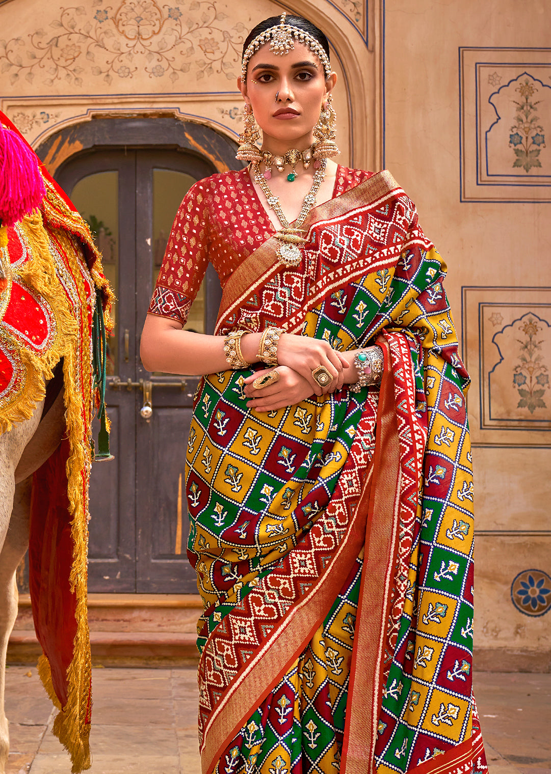 Mustard Yellow & Red Woven Patola Silk Saree