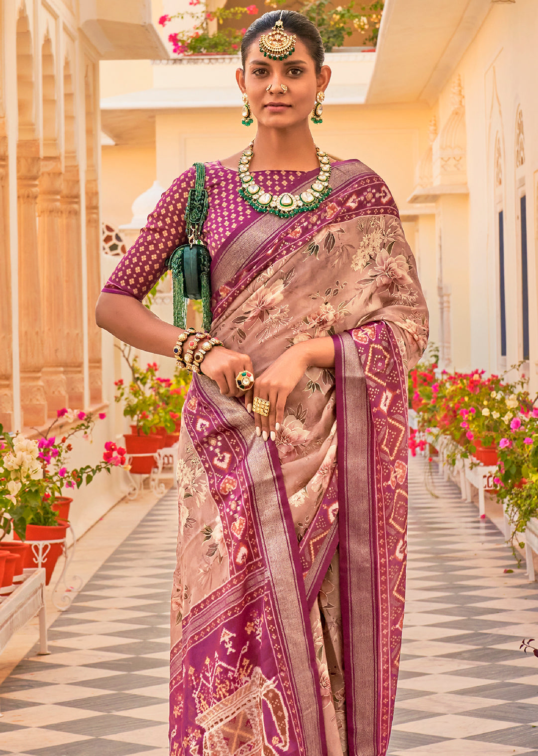 Seashell White & Purple Woven Chiffon Patola Saree