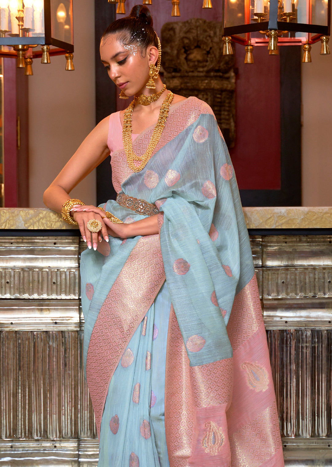 Sky Blue Woven Pure Handloom Linen Saree