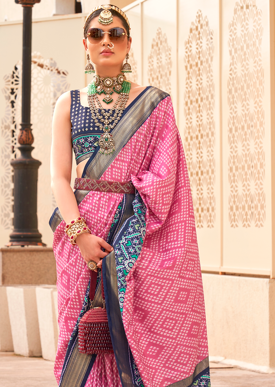 Flamingo Pink Woven Patola Silk Saree