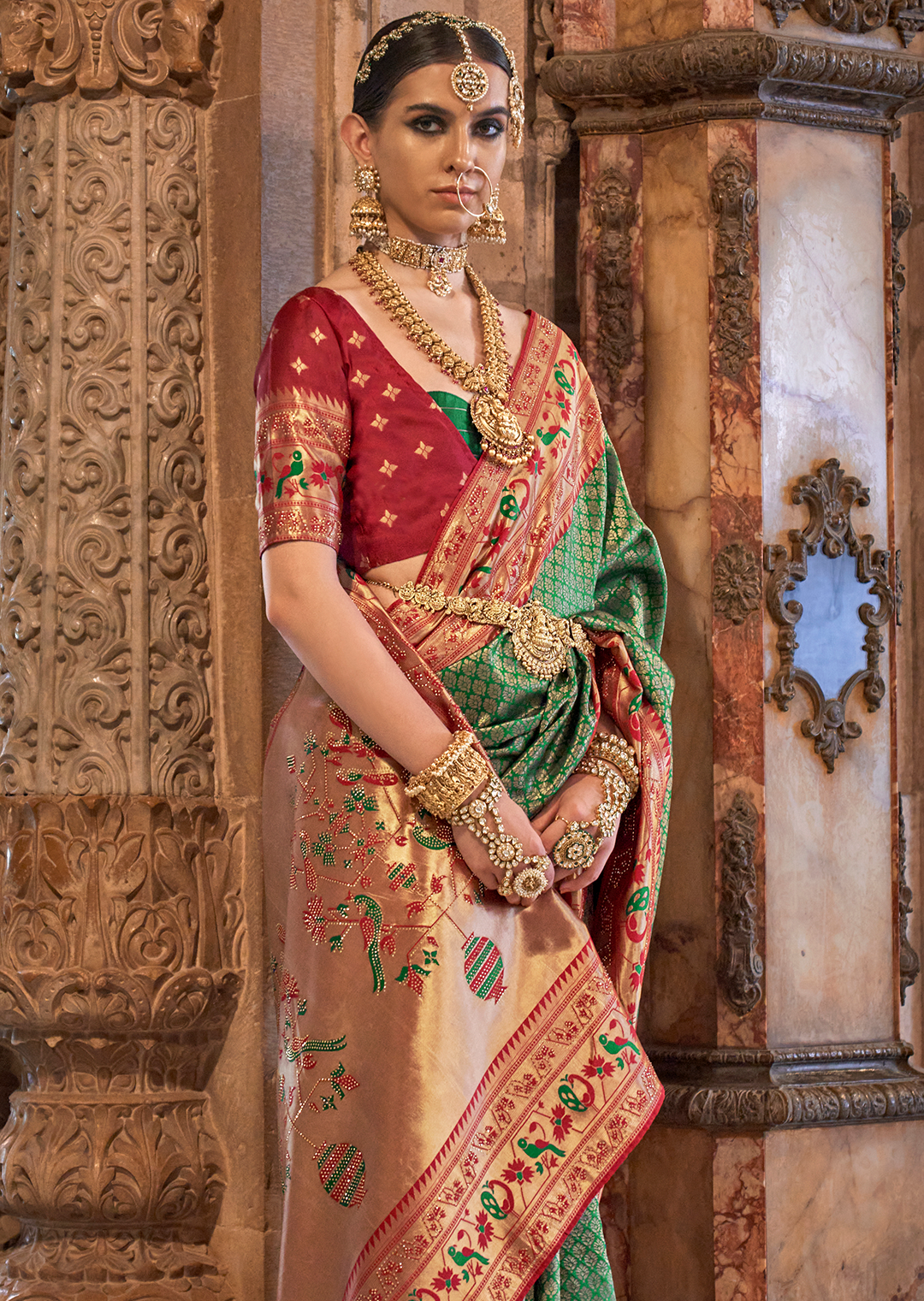 Jade Green & Red Zari Woven Kanjivaram Paithani Silk Saree