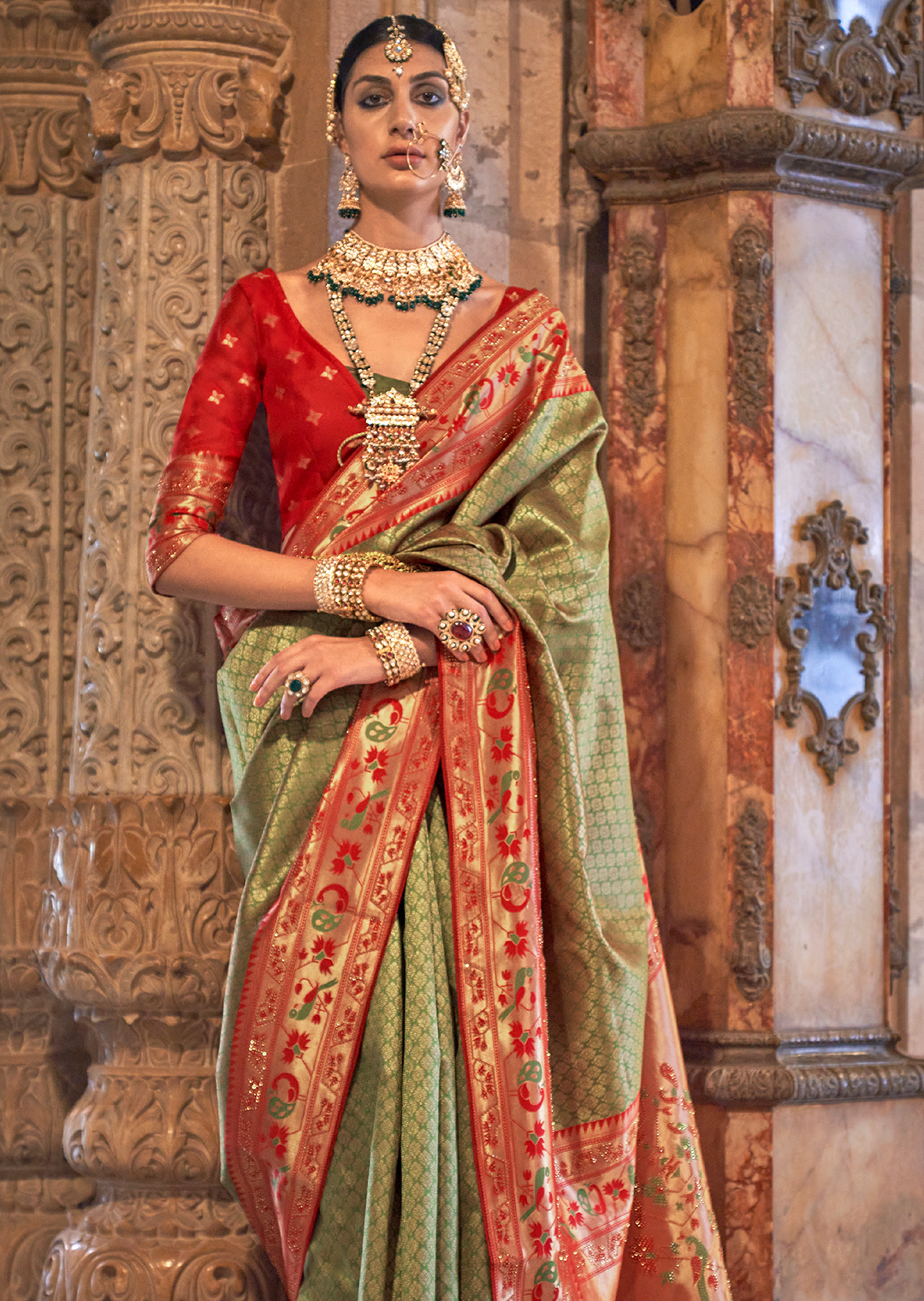 Olive Green & Red Zari Woven Kanjivaram Paithani Silk Saree